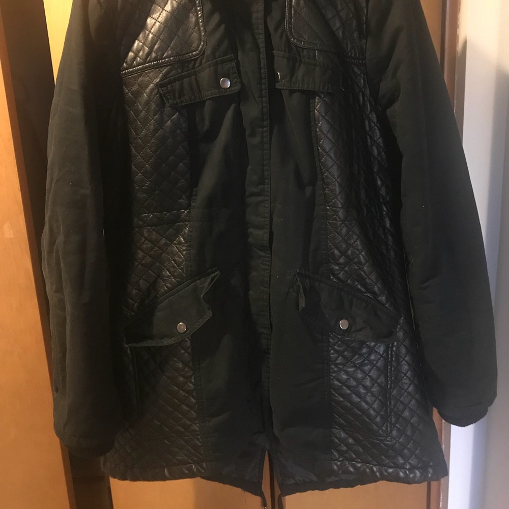 Black Parka jacket w/  faux leather, long